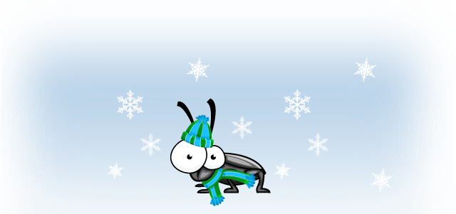 A cartoon bug with snow gear on.
