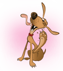 A cartoon dog scratching for fleas.