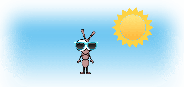 A cartoon ant with sunglasses in front of the sun.