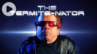 Greg price dressed as the terminator with the text " The termite-nator."