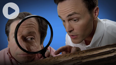 Adam and Greg looking through a magnifying glass.