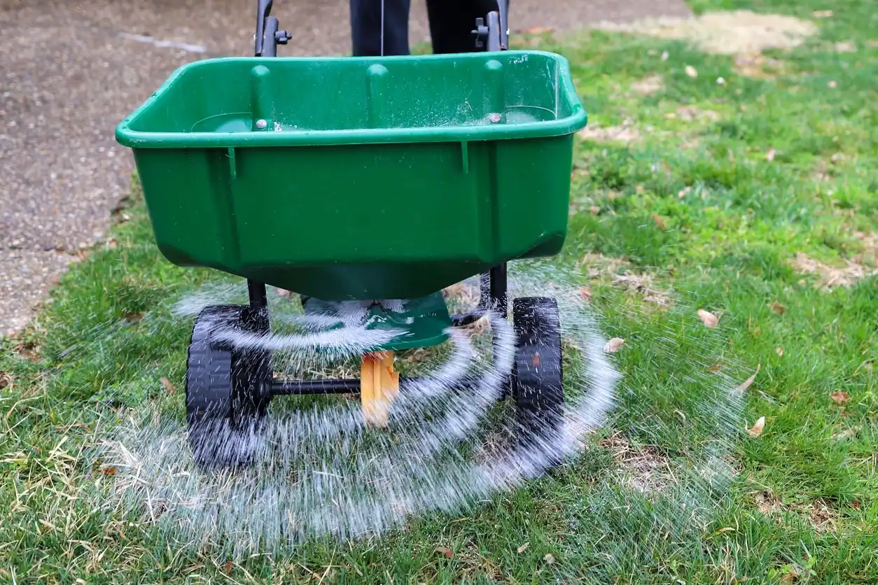 A seed and fertilizer spreader sitting out on a lawn.