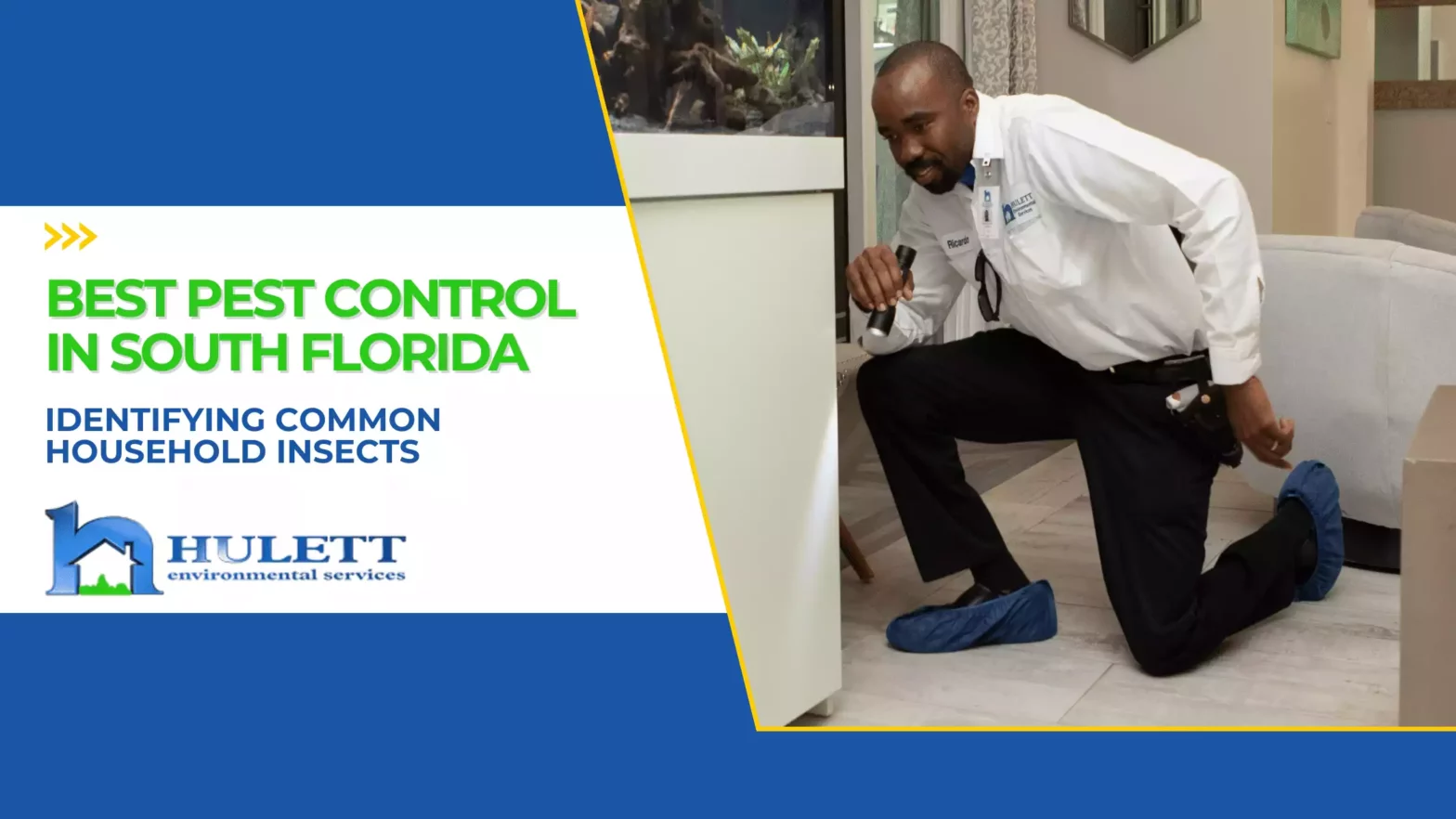 Branded image of a Hulett pest technician in a home.